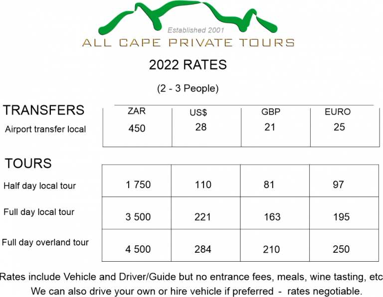 All Cape Private Tours rate card